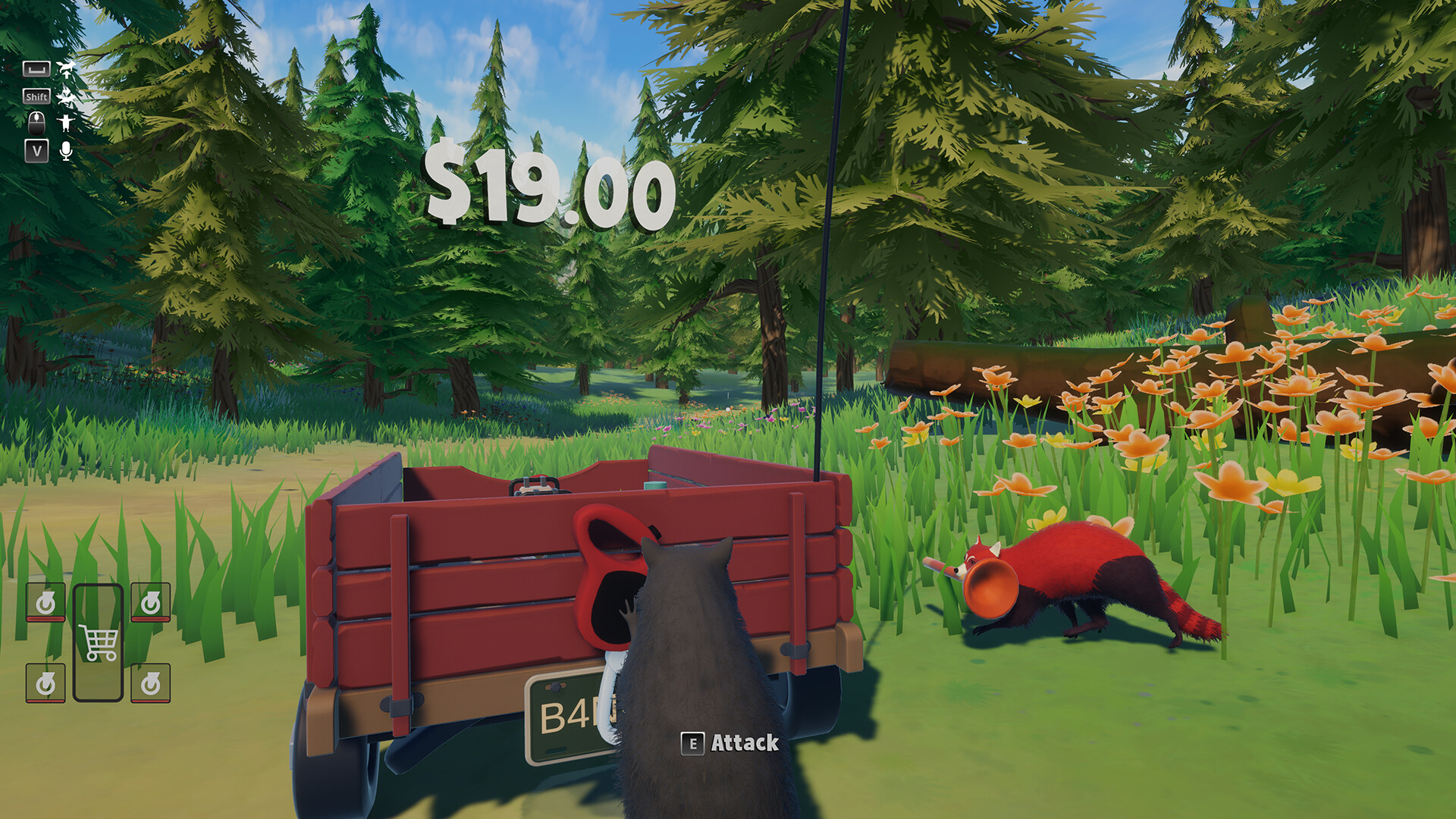 Official Trash Day screenshot of raccoons moving a red wagon through a forest
