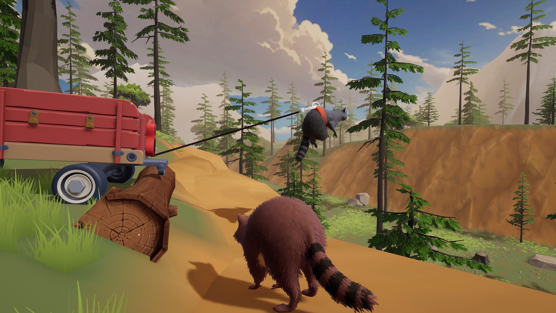 Official Trash Day screenshot of a raccoon hanging from a wagon tether beside a rocky trail