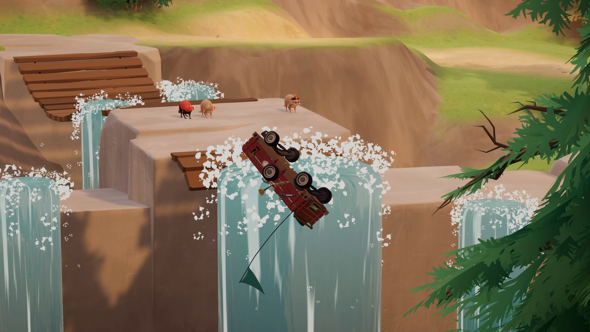 Official Trash Day screenshot of an overturned wagon above a waterfall